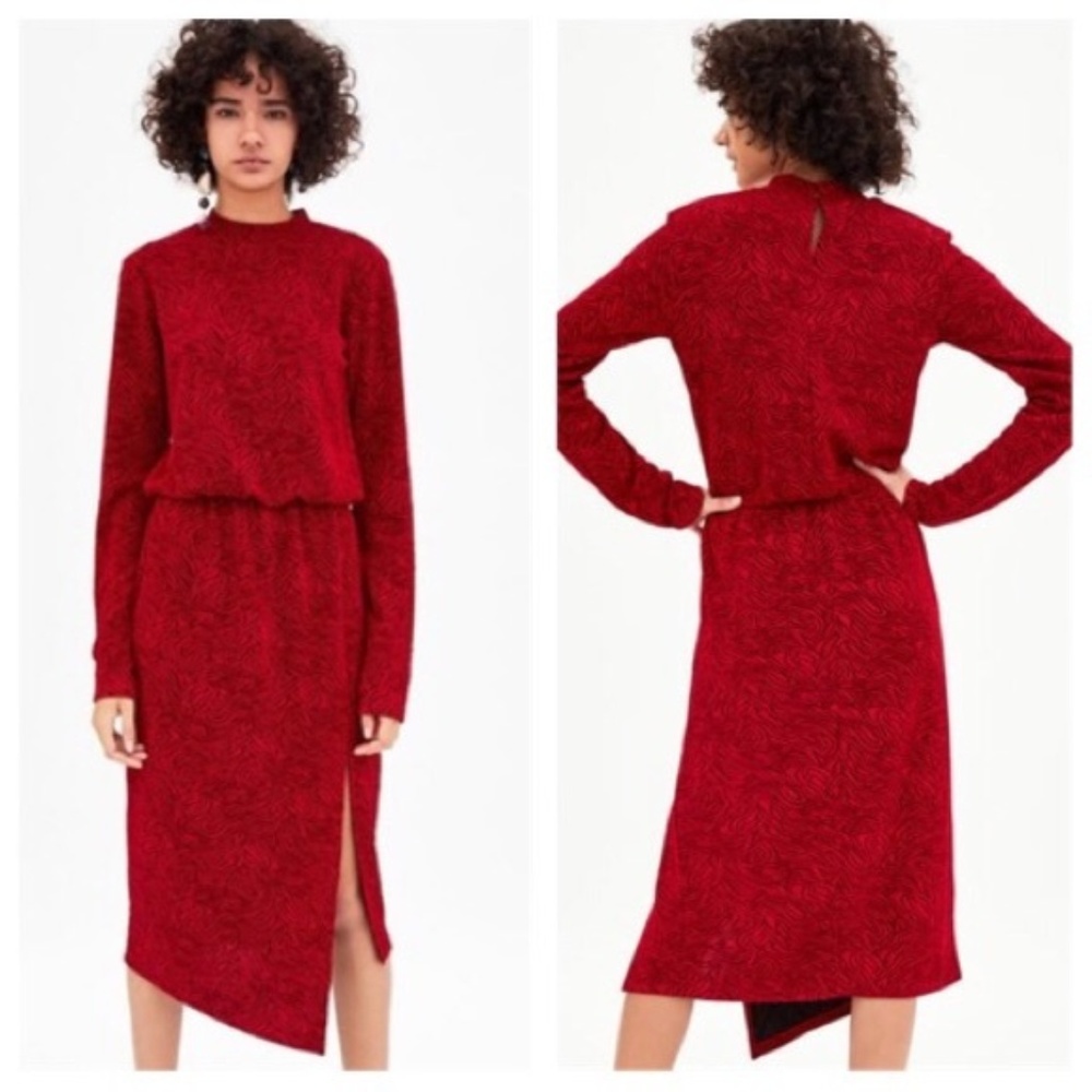 Zara | Red Jacquard Dress w/ Slit Detail